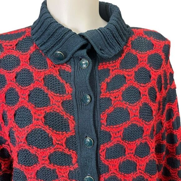 Marie St. John Vintage 1980s Buttoned High Neck Sweater‎ Red Blue sz Medium - Picture 2 of 9
